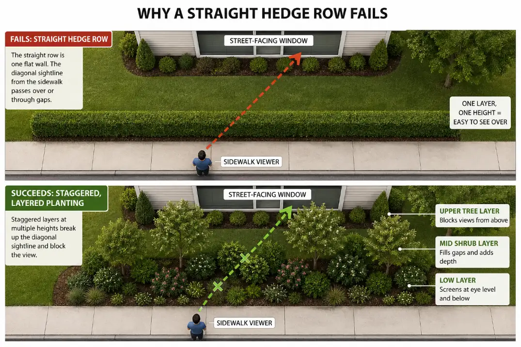 Diagram showing how staggered layered front yard planting blocks diagonal sightlines better than one straight hedge row.