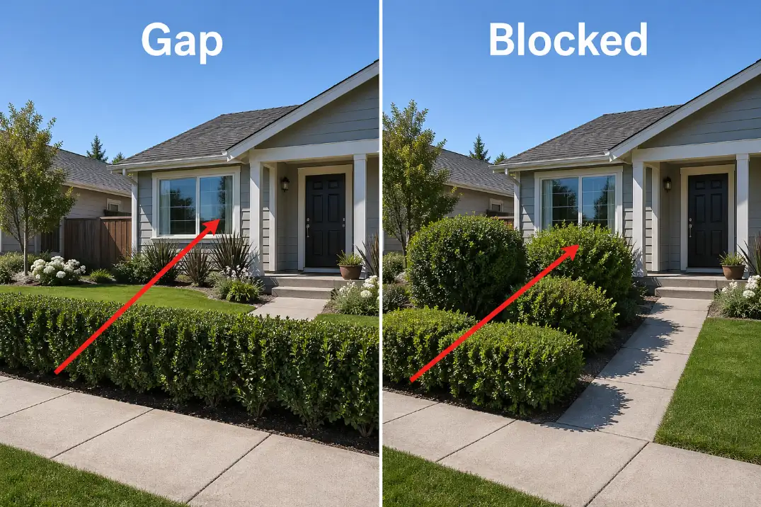 Comparison showing a straight hedge leaving a view gap and staggered shrubs blocking the same sightline in a front yard.