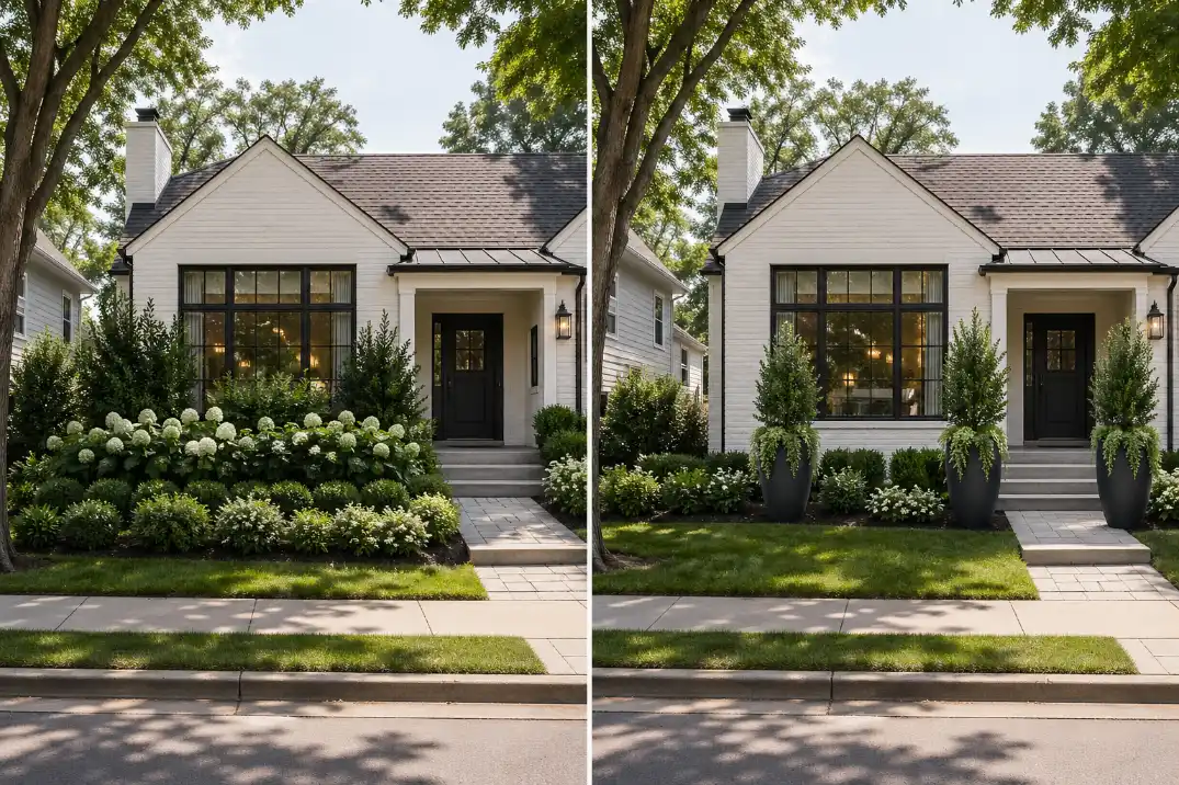 Comparison of in-ground shrubs for wide front yard privacy and tall planters for a narrow porch sightline