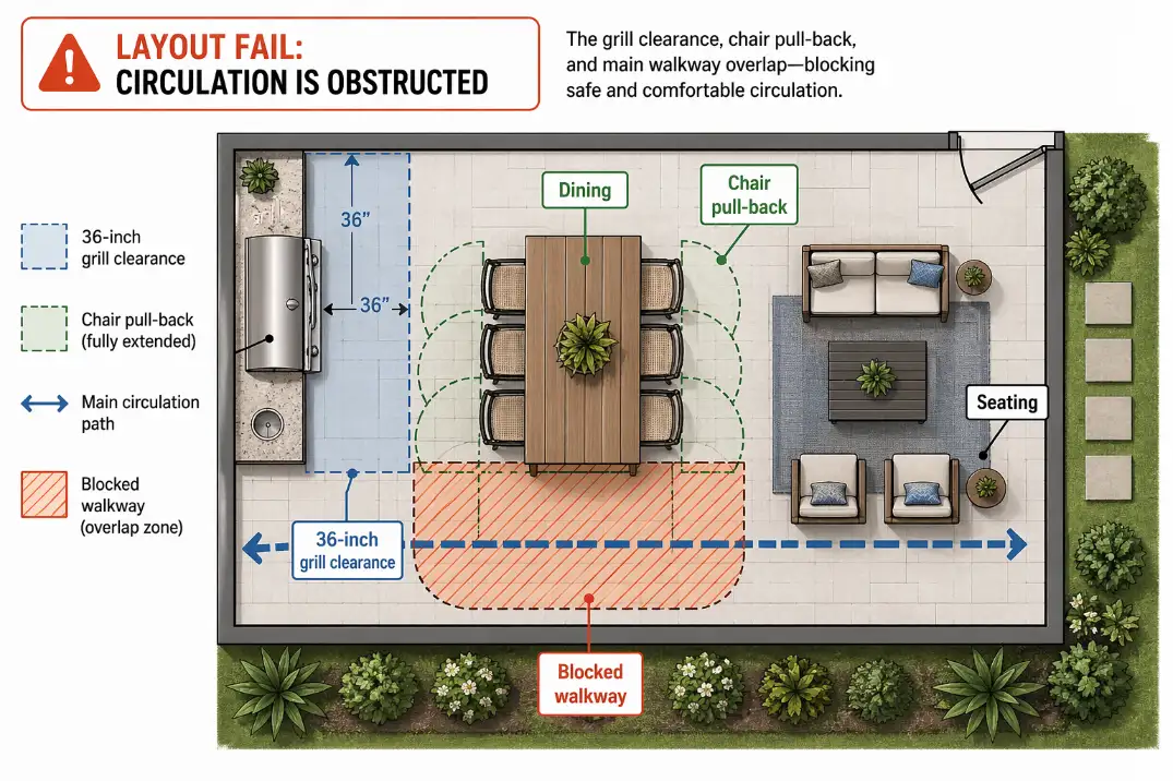 Top-down patio diagram showing overlap between grill clearance, chair movement, and the main walking path on a small patio.