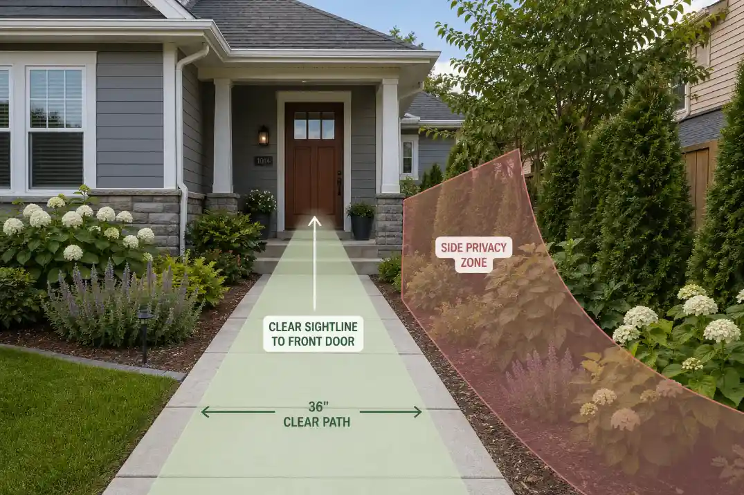 Front walkway with an open sightline to the door and one side privacy zone for front entry screening.