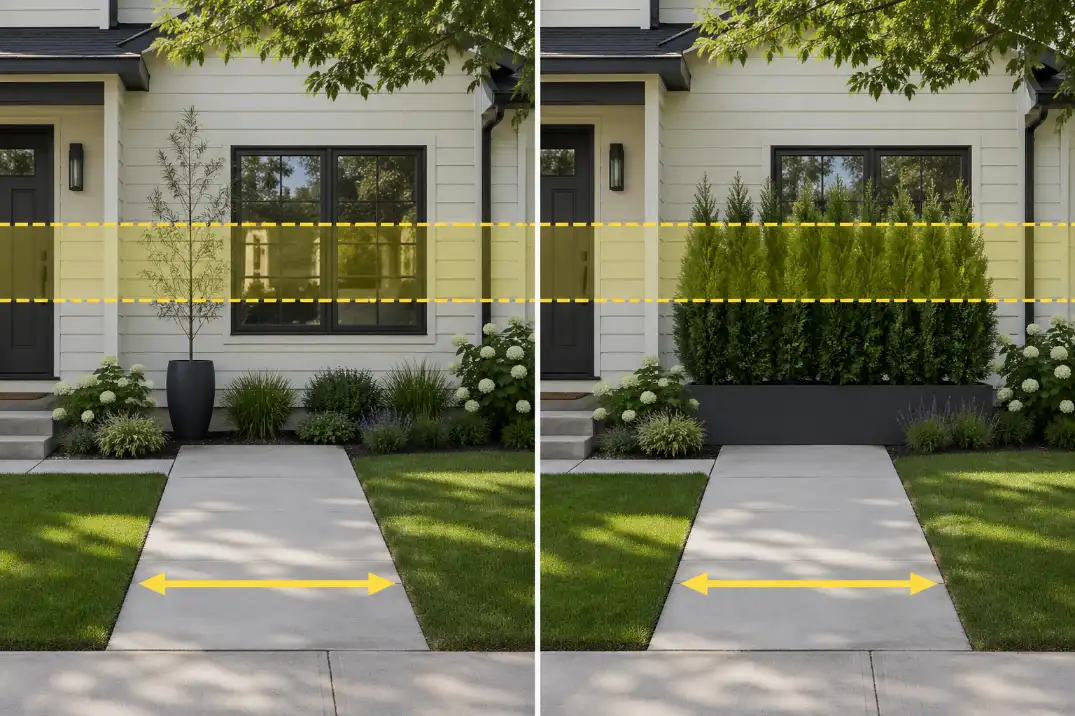 Comparison showing a sparse tall potted plant versus a dense rectangular planter that fills the correct front yard privacy sightline.