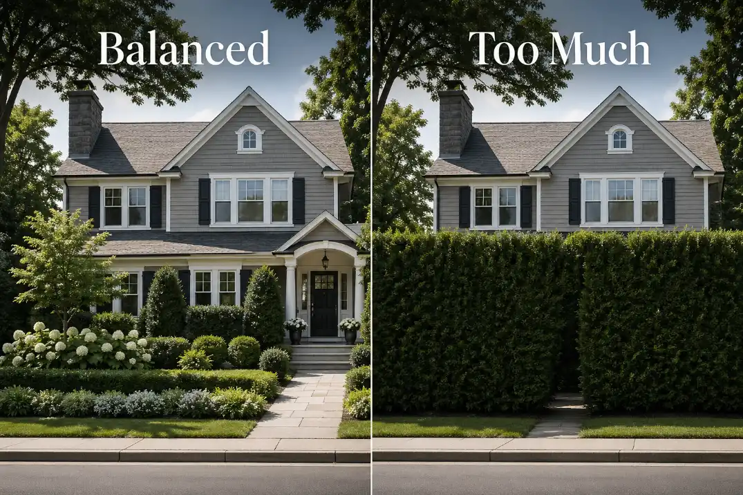 Comparison of balanced front yard privacy with a visible walkway versus excessive hedge screening that hides the entry.