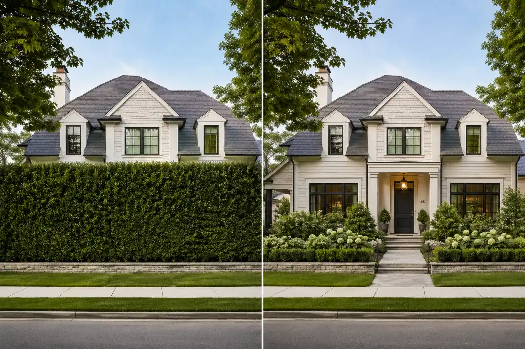 Comparison of front yard privacy planting that hides the house versus layered shrubs that keep curb appeal visible