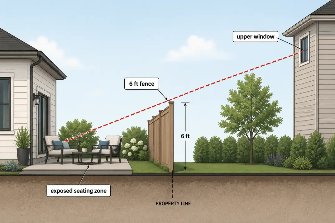 Side-view diagram showing an upstairs window sightline passing over a 6-foot fence and reaching a backyard seating area.