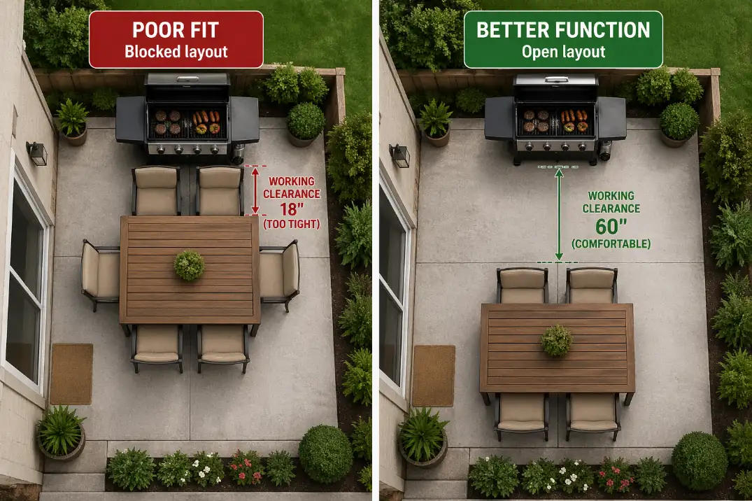 Comparison of poor and better small patio grill placement showing chair pullout and grill working clearance