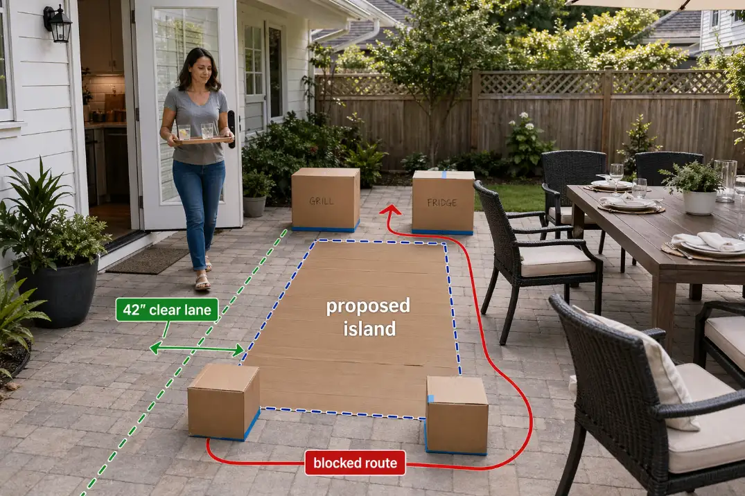 Backyard patio with a proposed outdoor kitchen footprint taped on the ground to test walkway clearance before building.