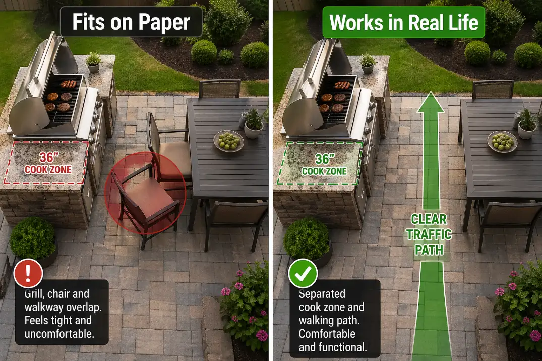 Comparison of a grill patio that fits on paper versus one that works in real life with clear cooking and walking space.