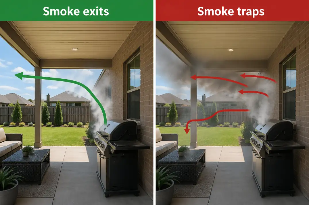 Comparison of grill smoke clearing through an open patio side versus smoke trapped under a low covered patio roof.