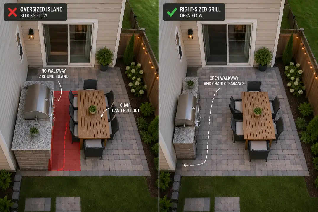 Comparison of an oversized grill island blocking a patio walkway versus a smaller edge-mounted grill layout with clear circulation.