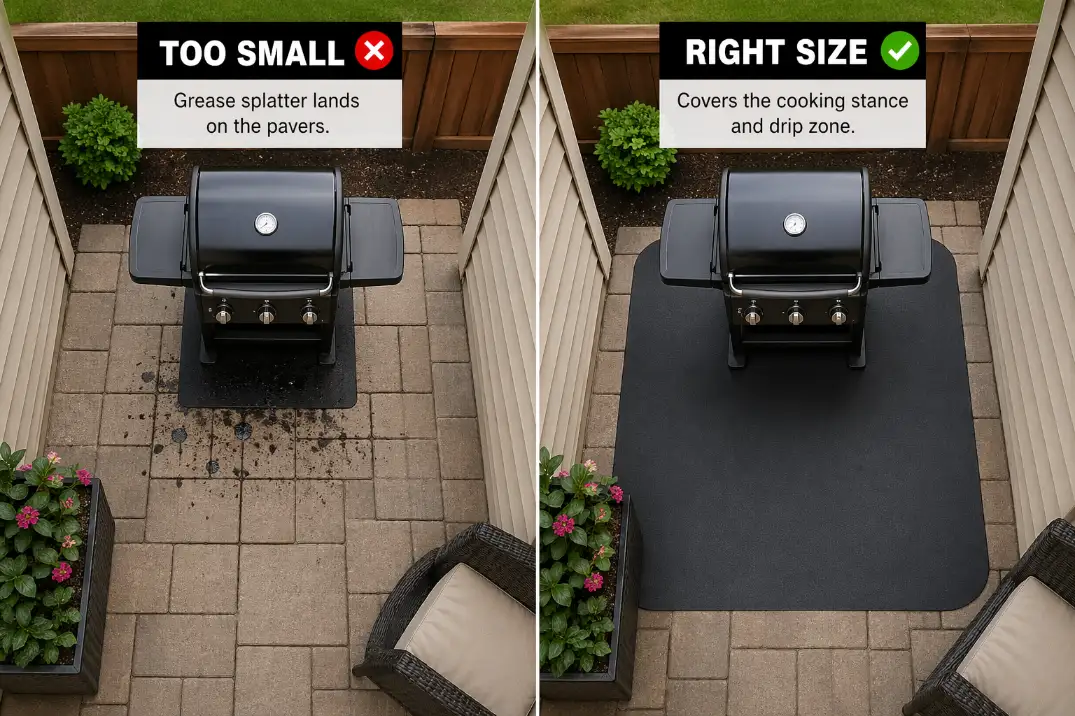 Comparison of an undersized grill mat and a properly sized grill mat covering the front drip zone on a small patio.