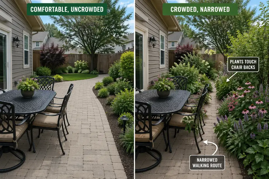 Comparison showing a clear backyard path and patio versus one crowded by mature plants