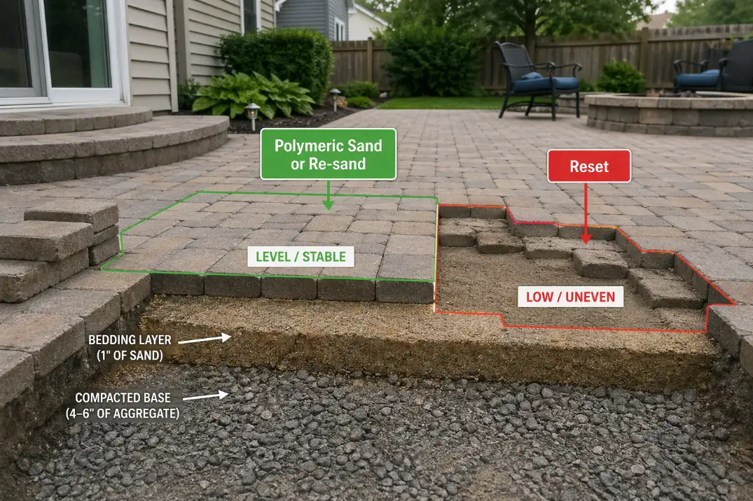 Backyard paver repair showing one stable section ready for polymeric sand and one failed low area that needs lifting and reset