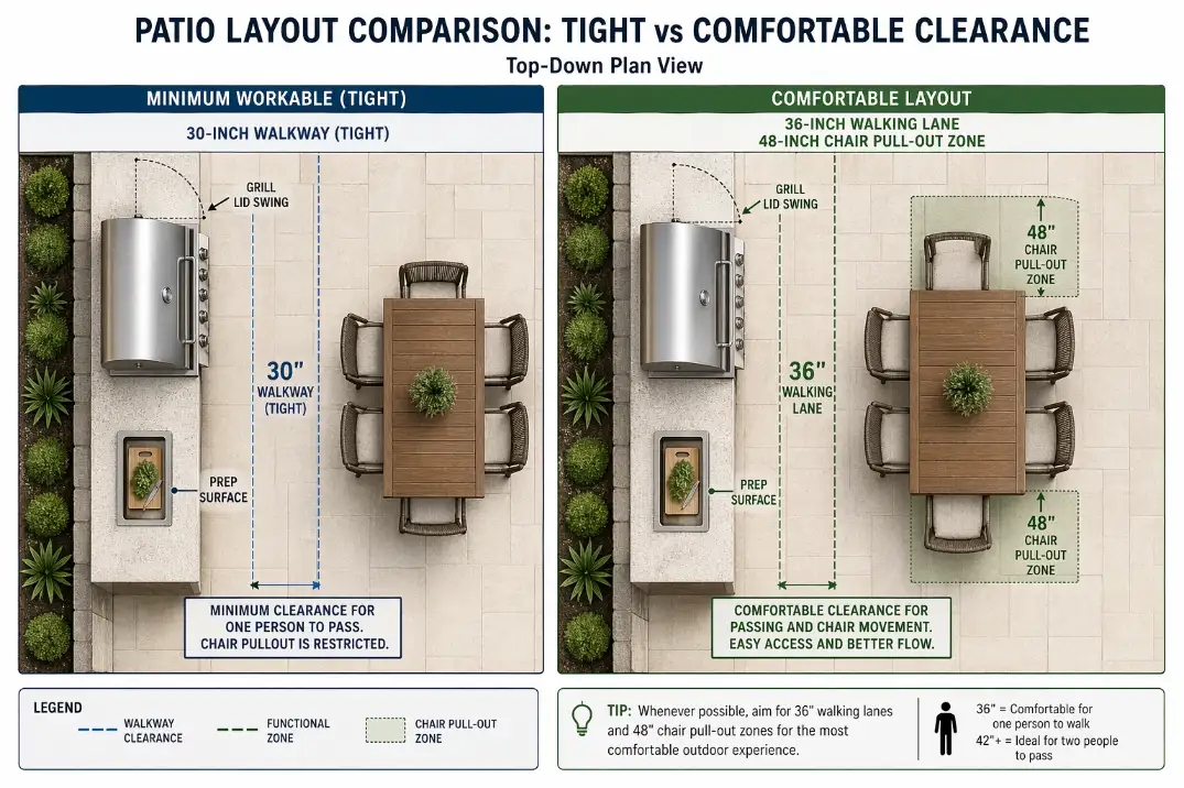 Top-down patio diagram comparing tight 30-inch walkway with comfortable 36-inch walking lane and 48-inch dining chair clearance