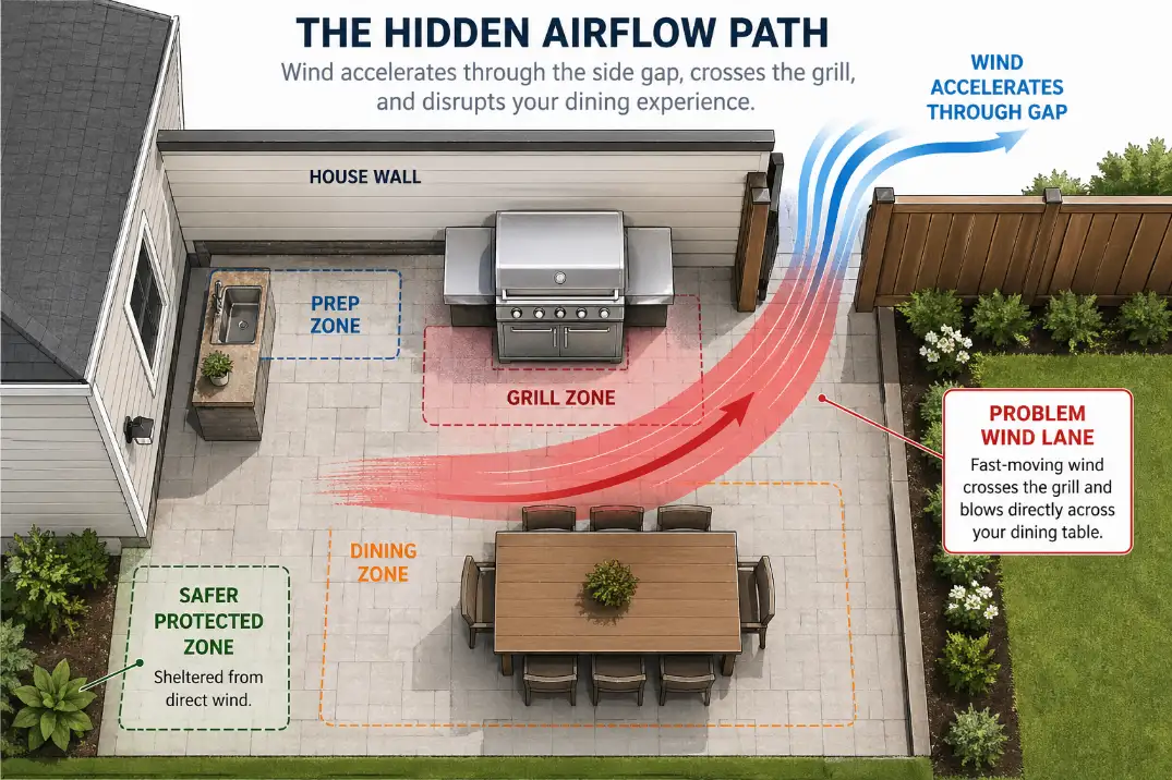Top-down diagram showing a wind lane crossing a backyard grill, prep counter, and dining area