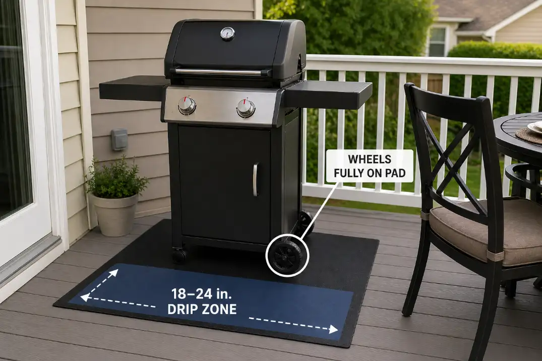 Small deck grill with protective grill mat showing 18 to 24 inch drip zone coverage.