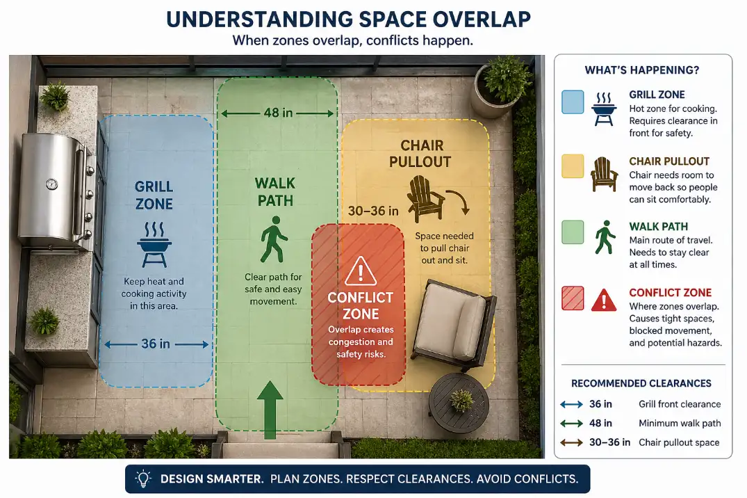 Patio diagram showing overlapping grill, dining, and walking zones creating space conflict