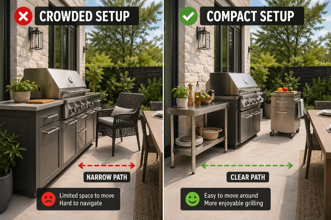 Side-by-side comparison showing a bulky grill station crowding a small patio and a compact prep table setup keeping the walkway clear.