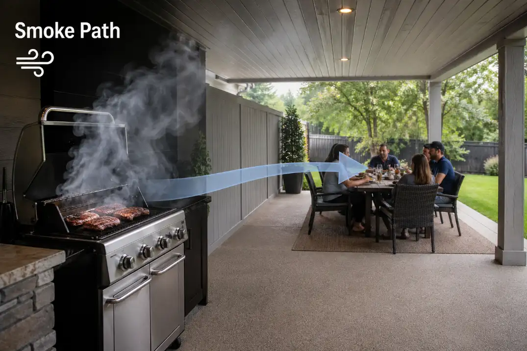 Covered patio grill layout with smoke path arrow moving from the grill toward the dining table.