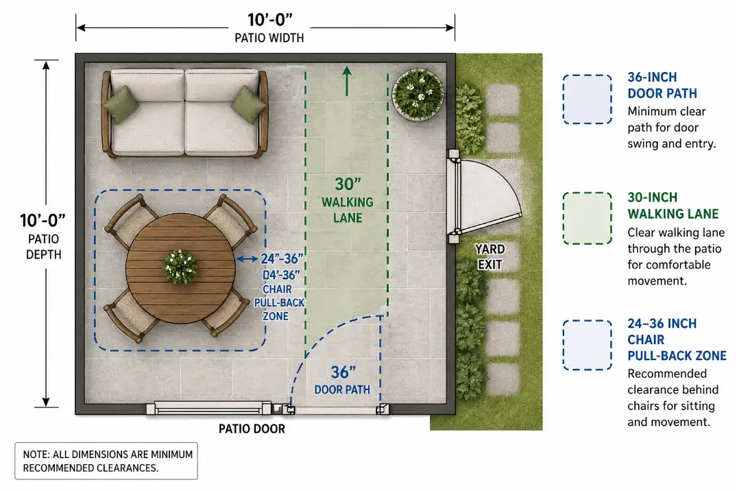 Overhead 10x10 patio diagram showing door clearance, walking lane, and chair pull-back space.