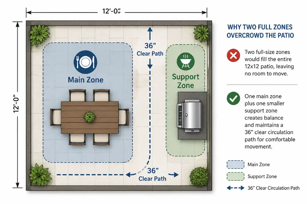Overhead diagram of a 12x12 patio showing one main furniture zone, one support zone, and a clear circulation path.