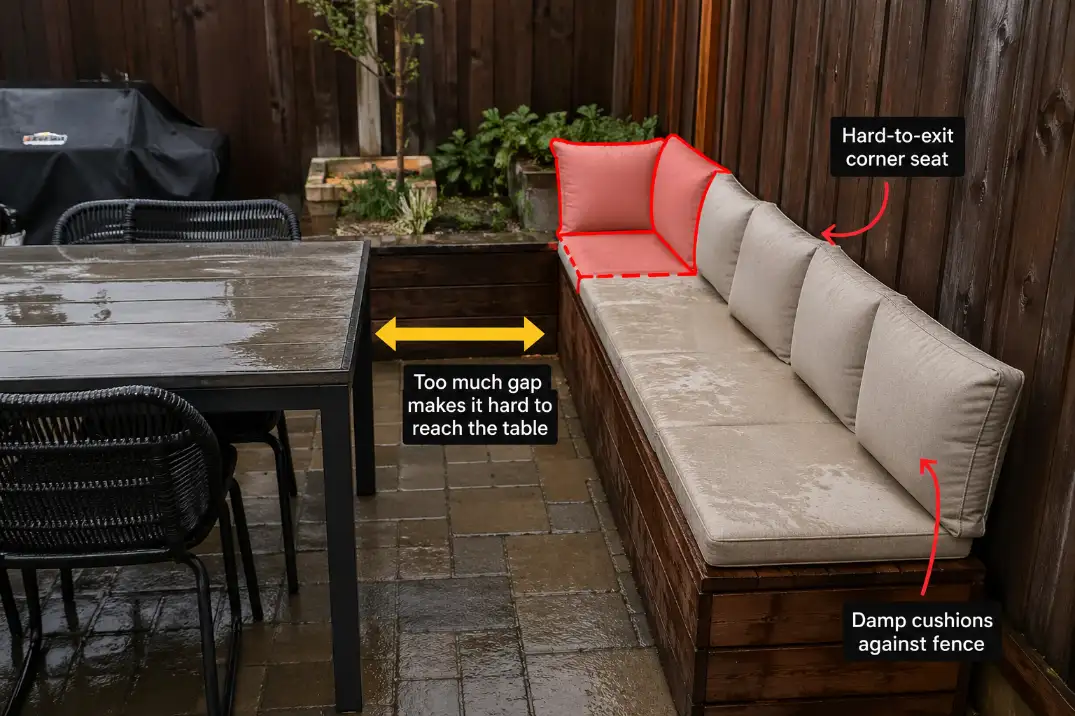 Small patio bench seating placed too far from the dining table with overlay showing trapped corner access and wasted space.