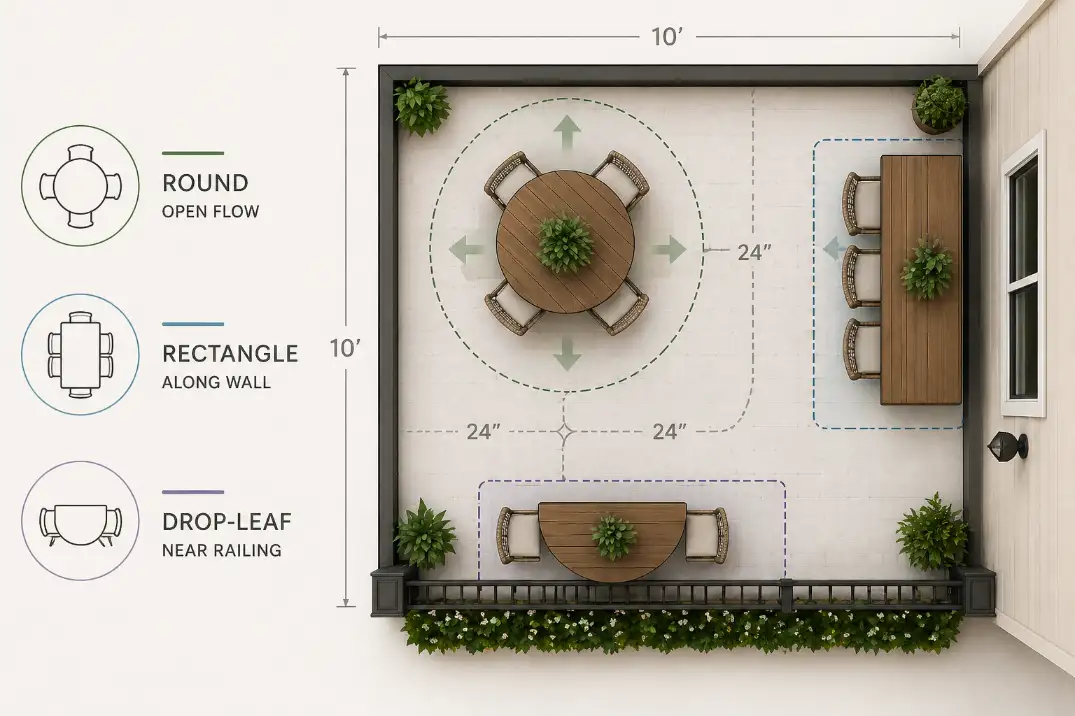 Diagram comparing round, rectangular, and drop-leaf patio tables by small-space layout use.