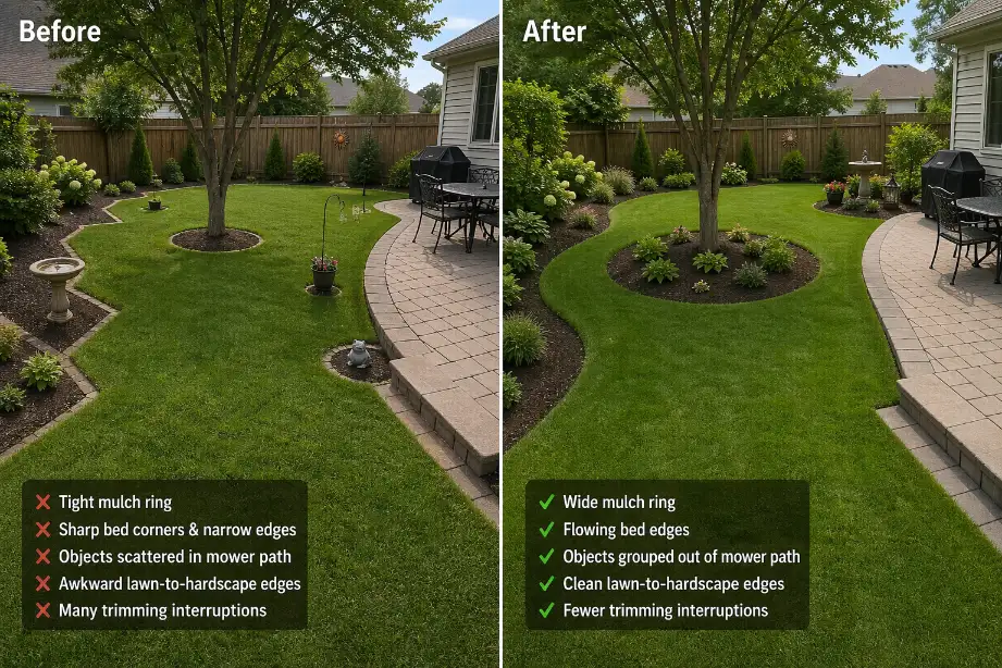 Before and after backyard showing wider mulch ring smoother bed edges and cleaner borders that make mowing easier