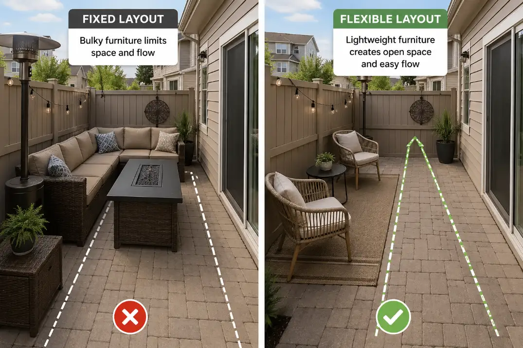 Comparison showing bulky patio furniture versus lightweight chairs that keep a small patio usable.