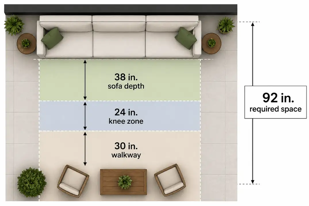 Diagram showing total space needed for deep seating including sofa depth, knee space, and walkway.