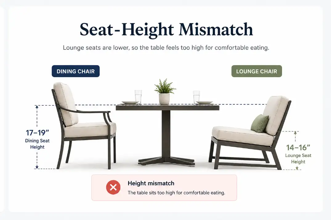 Diagram comparing outdoor dining chair height with lower lounge chair height beside a patio table.