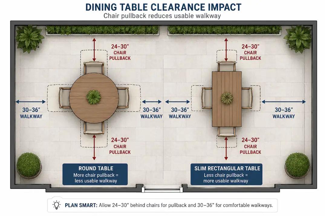 Overhead patio diagram showing how dining chair pullback and table shape affect walkway clearance.