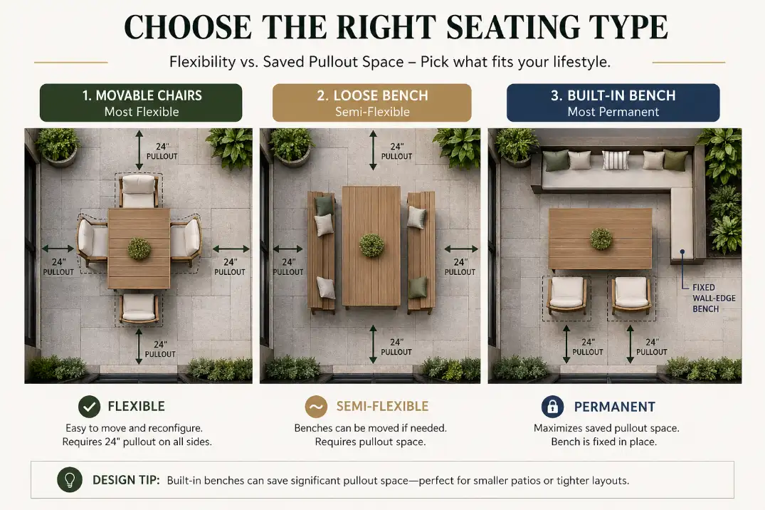 Diagram comparing movable chairs, a loose patio bench, and built-in seating by flexibility and pullout space.
