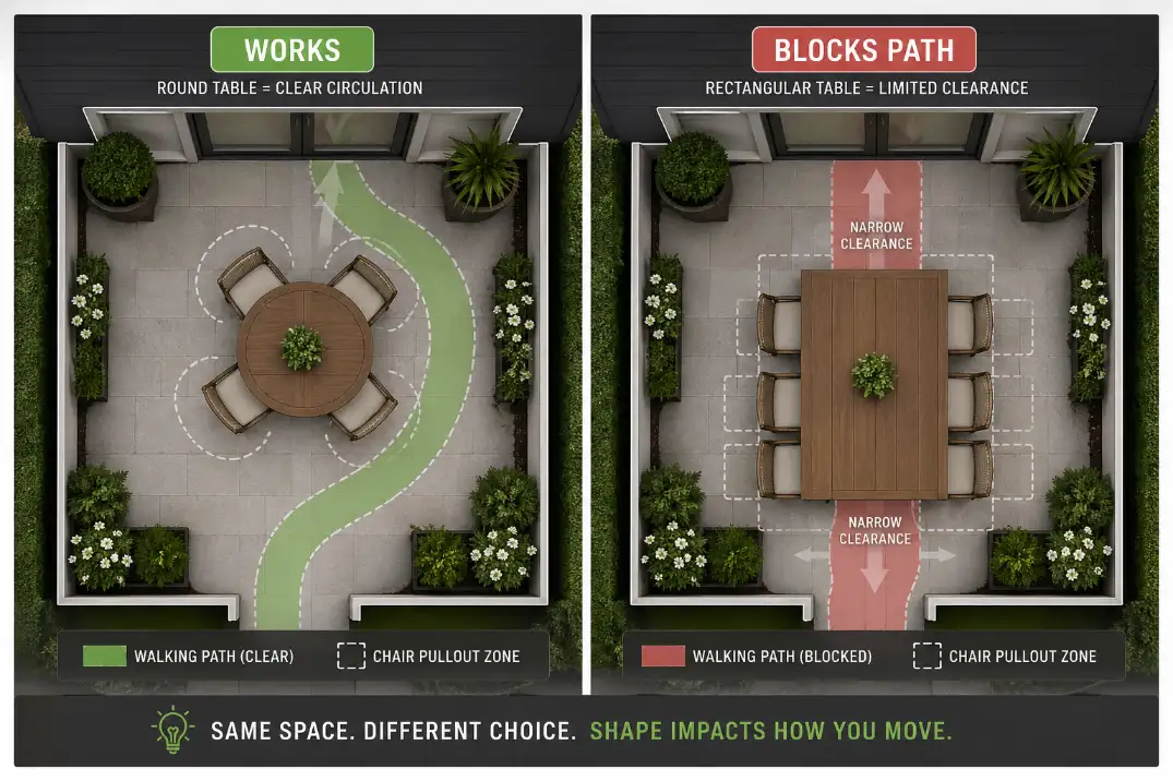 Comparison of round and rectangular patio dining layouts showing how table shape affects walking clearance.