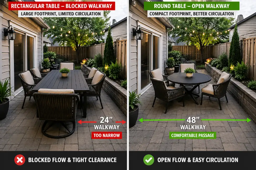 Comparison of oversized rectangular patio table and compact round table showing how table shape changes walking space