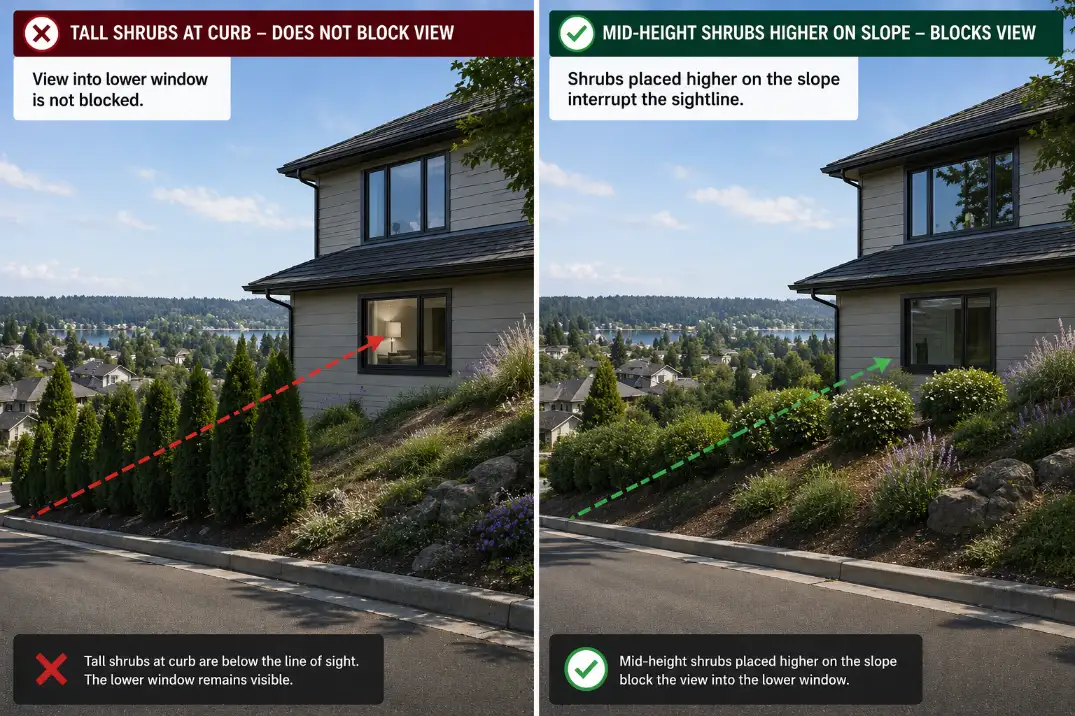 Comparison showing why layered shrubs placed higher on a sloped front yard block views better than tall curb planting.