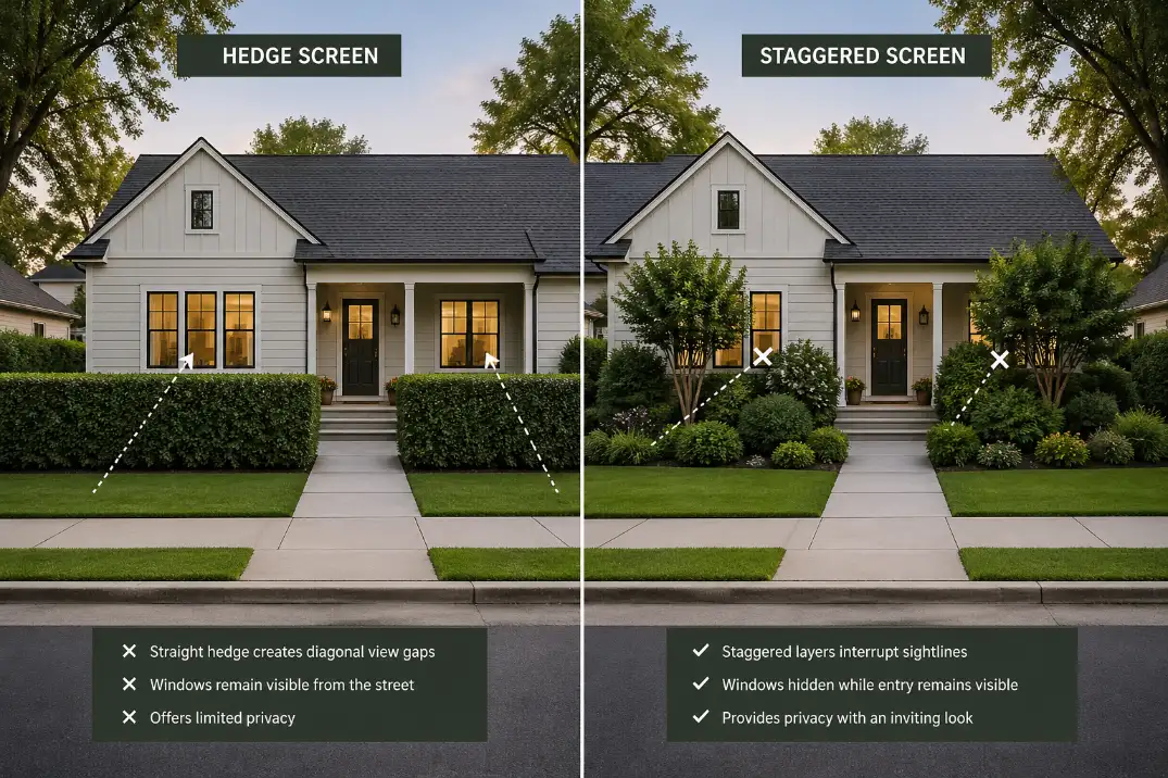 Side-by-side comparison of straight hedge vs staggered plant layout for front yard privacy near a street.