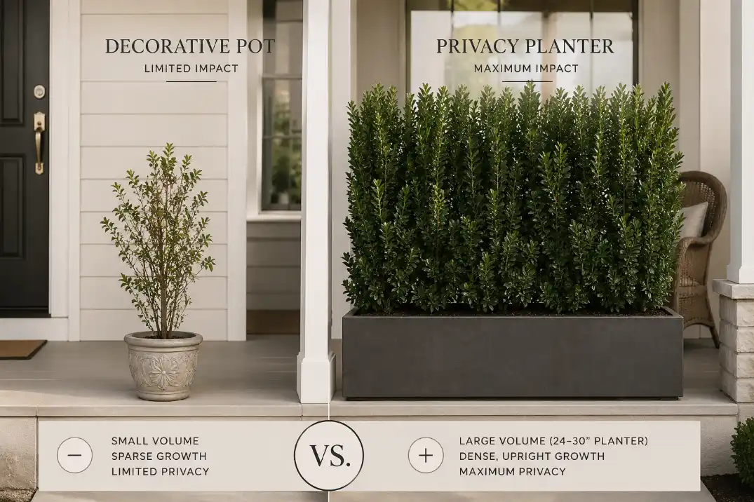 Small decorative pot compared with a large privacy planter showing how container size affects front porch screening