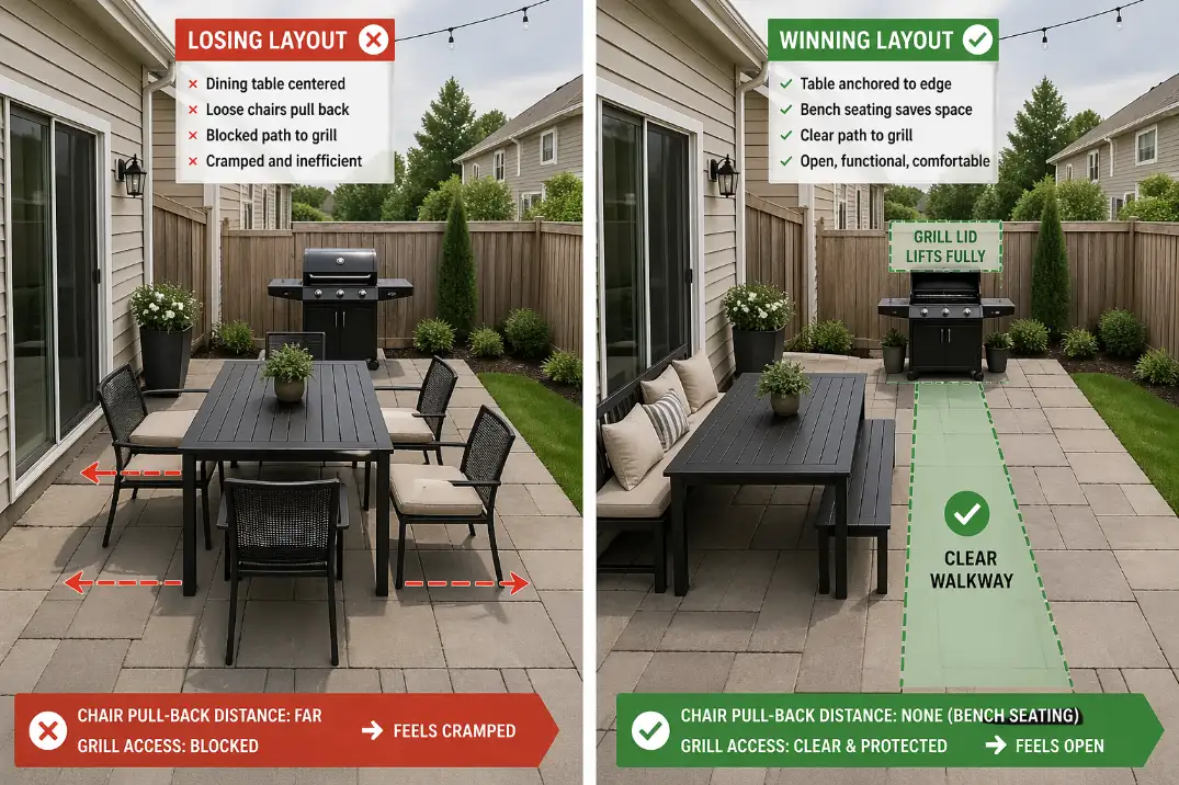Side-by-side small patio comparison showing a blocked centered layout versus an edge-anchored layout with a clear grill lane.