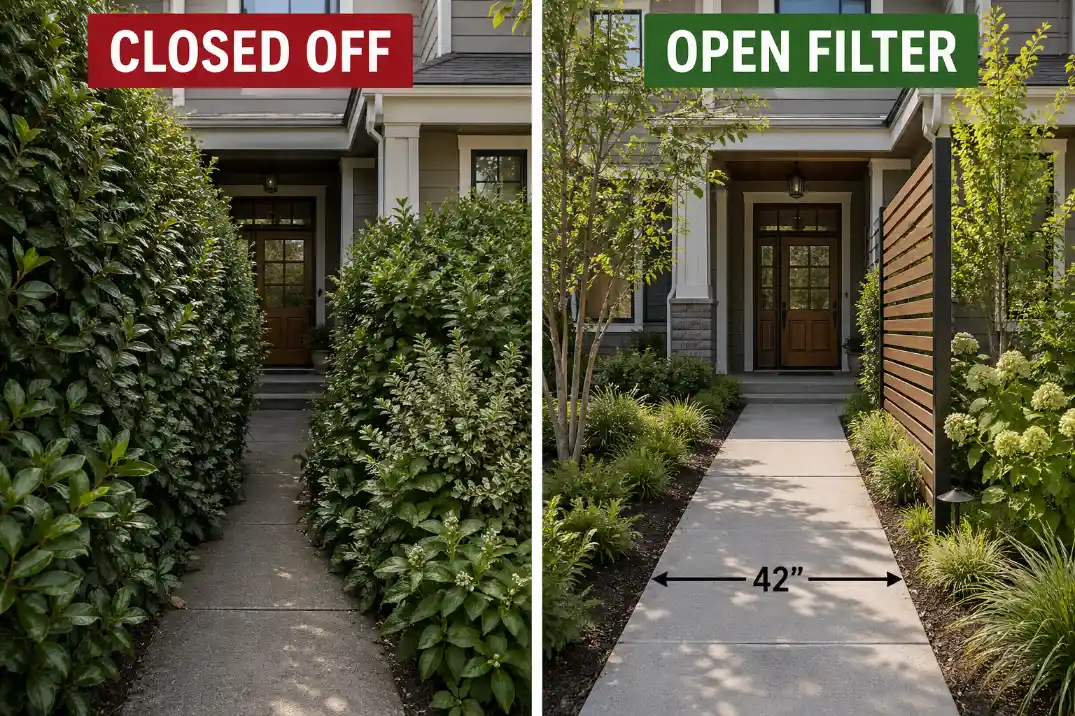 Front walkway with an open sightline to the door and one side privacy zone for front entry screening