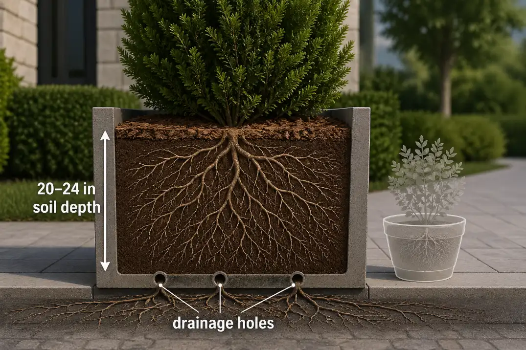 Cutaway of a deep privacy planter showing shrub roots, drainage holes, mulch, and the soil depth needed for a healthy front yard screen.