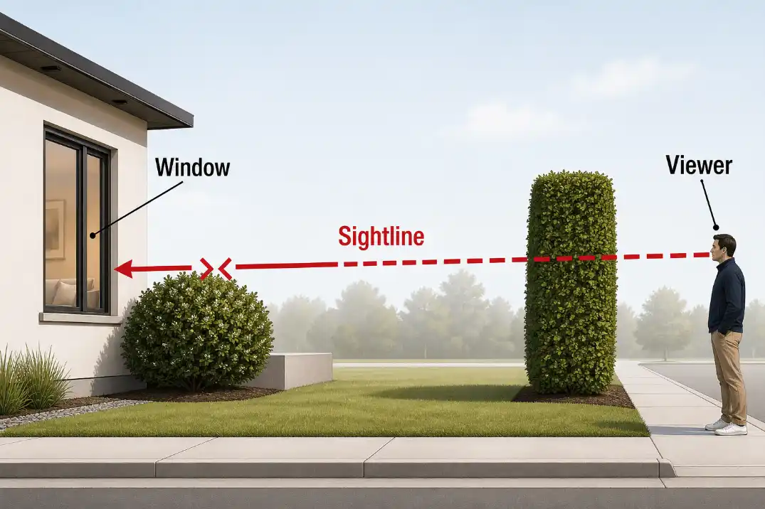 Diagram showing a shorter shrub near a front window blocking the same sidewalk sightline as a taller hedge near the street.