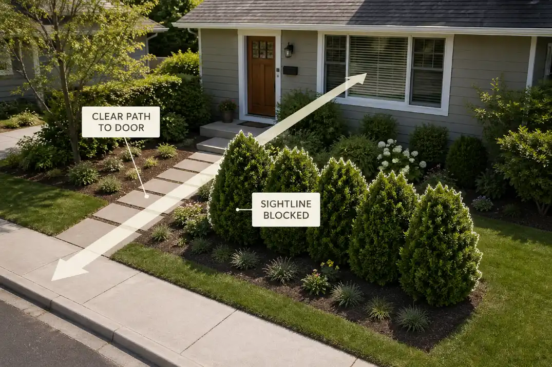 Front yard privacy layout showing shrubs blocking a sidewalk view into a window while keeping the front door visible