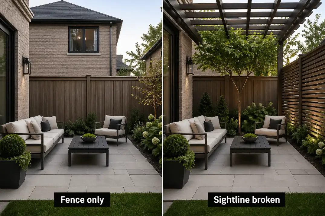 Comparison of fence-only backyard privacy versus patio-zone screening and pergola slats blocking an upstairs view.