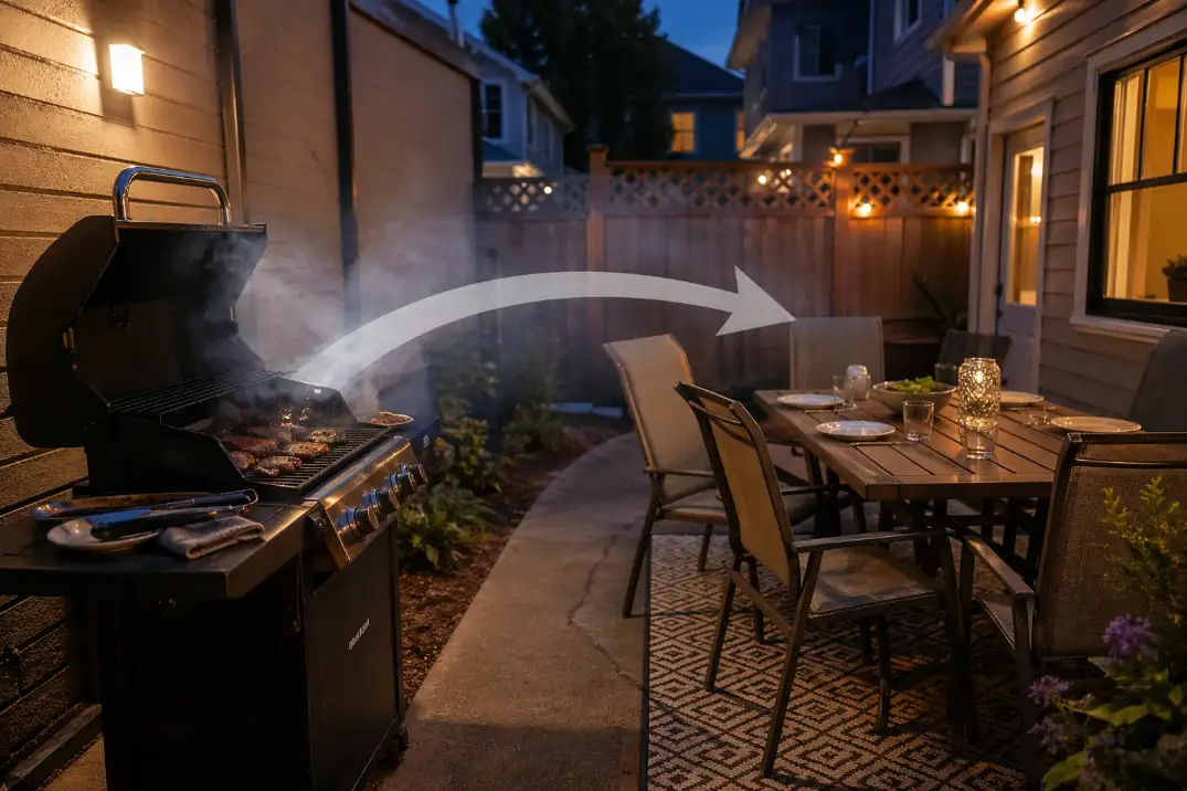 Small patio grill smoke drifting across a nearby dining table because the grill and seating area are too close