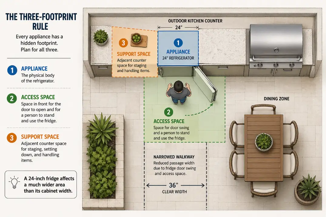 Top-down diagram showing how an outdoor refrigerator uses appliance space, access space, and support space on a patio.