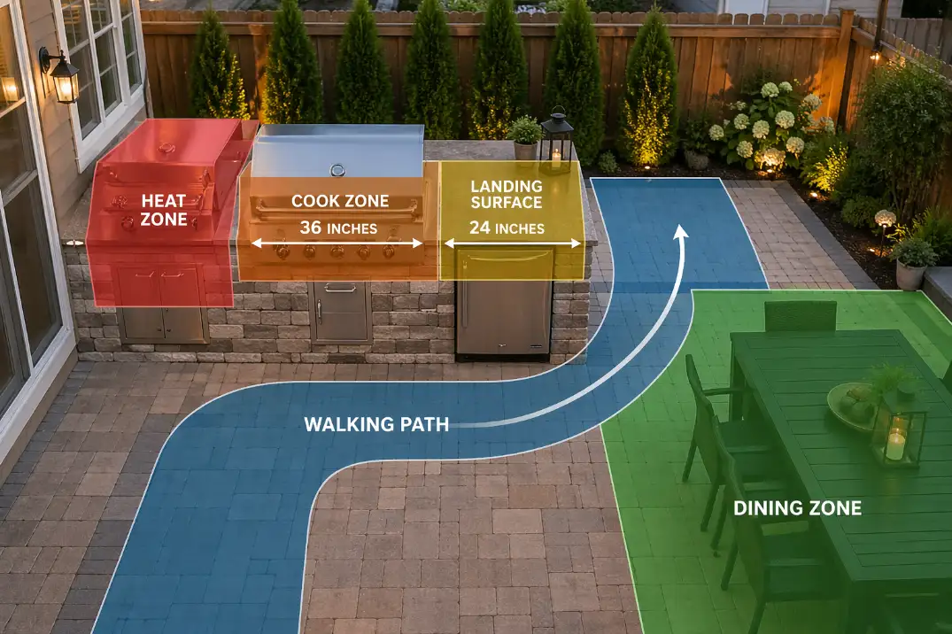 Compact grill patio with overlay zones showing heat clearance, cook space, landing surface, walking path, and dining area.