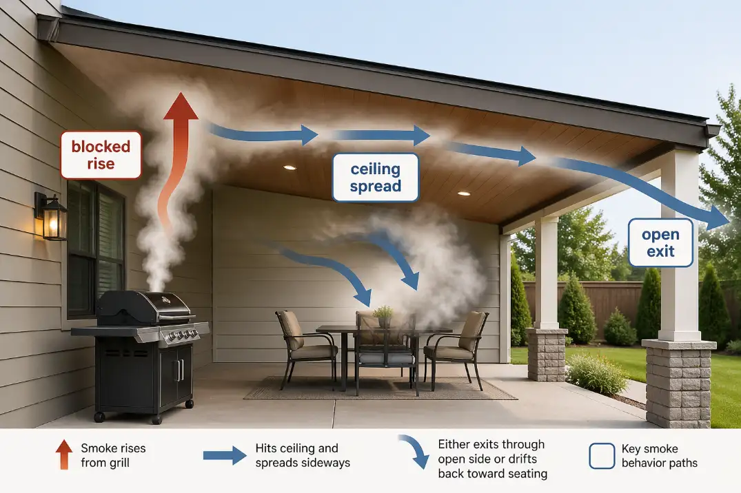 Diagram showing grill smoke rising into a covered patio roof, spreading sideways, and escaping only through an open side.