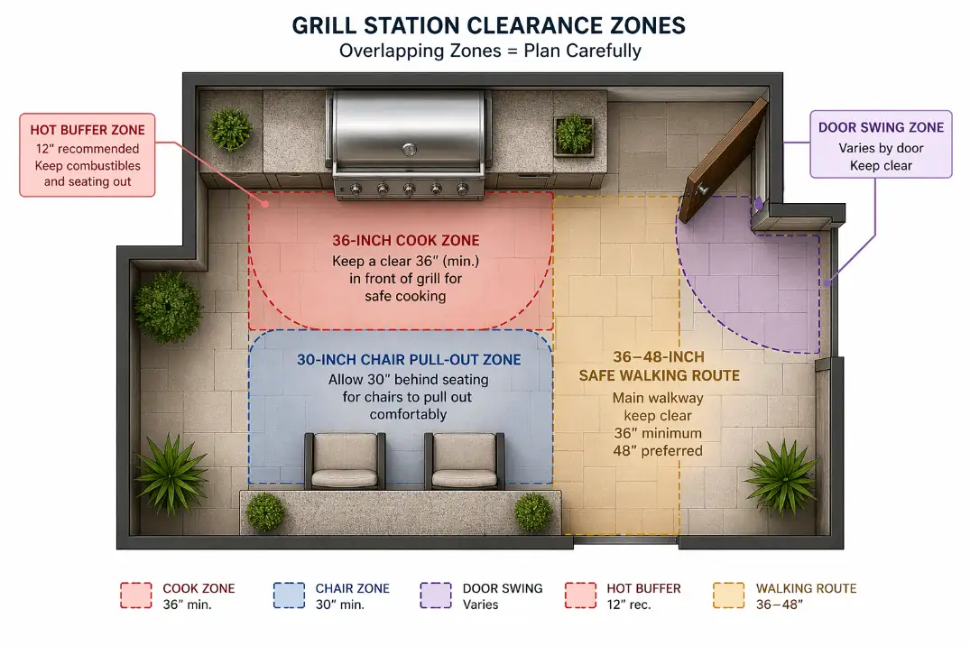 Overhead patio diagram showing grill clearance, chair pull-out space, door swing, hot buffer, and safe walking route.