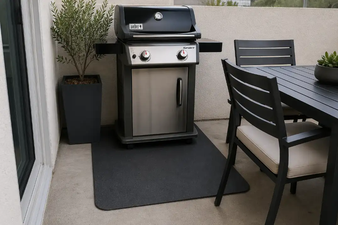 Low-profile grill mat on a small patio leaving walking clearance near outdoor dining chairs.